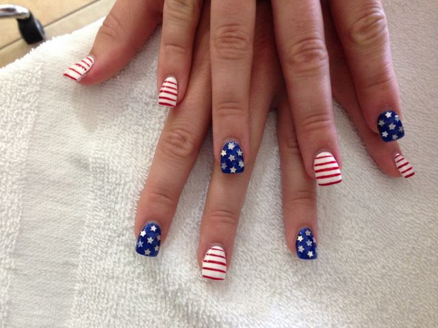 Stars-and-stripes nail art in red, white and blue