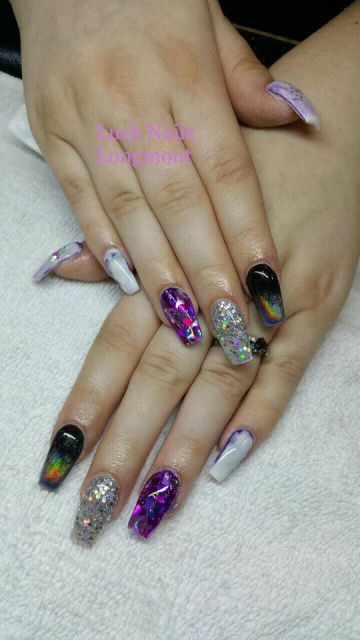 Holographic black, magenta foil and silver glitter coffin nails with marble accents